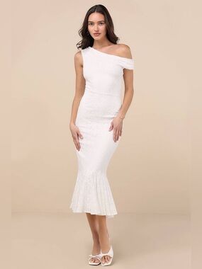 Lulus Nadie White Lace Asymmetrical Midi Dress – Size M